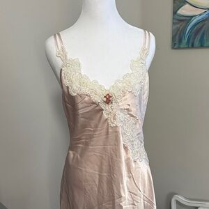 Elegant Lace Trim Strappy Back Satin Nightgown